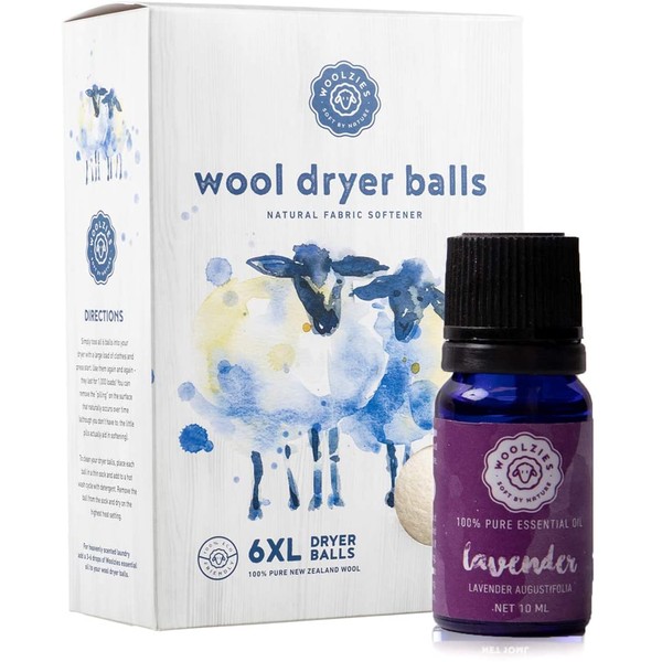 Woolzies Wool Dryer Balls Organic: 6 XL Laundry Balls for Dryer + 10 ml Lavender Essential Oil Combo for use as 100% Pure and Natural Fabric Softener | Best Scented Wool Balls Laundry