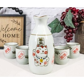 Ebros Gift Japanese Maneki Neko Lucky Charm Fortune Cat Glazed Ceramic White Sake Set Flask With Four Cups Great Asian Living Home Decor Housewarming Friendship Gift Decorative Party Set