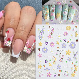 6 Sheets Flowers Nail Stickers, 3D Floral Self-Adhesive Nail Design Stickers, Spring Summer Daisy Nail Decals for Women Girl DIY Flowers Leaf Heart Rabbit Bow Strawberry Nail Art Decorations Supplies