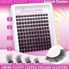JIMIRE Cluster Lashes Wispy Thick Mink Eyelash Clusters 10-16MM Fluffy DIY Lash Extension Soft Like Silk Russian D Curl Lashes Individual Cluster, Ultra Lightweight,132Pcs