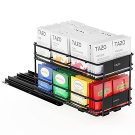 SpaceAid Pull Out Tea Bag Organizer Rack for Cabinet, Heavy Duty Slide Out Teabag Organizer for Kitchen Cabinets, with 70 Labels and Chalk Marker, 5.6" W x10.6 D x 6.6" H, 1 Drawer 2-Tier, Black