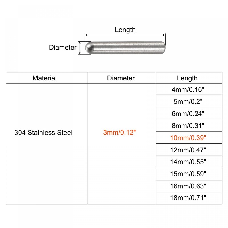 sourcing map 3x10mm Dowel Pins, 20pcs 304 Stainless Steel Round