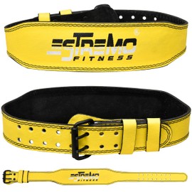 ESTREMO Weight Lifting Belt Leather courted Power Lifting Back Support for Men Women Lever Deadlift Belt Powerlifting Adjustable Buckle-Stabilizing Lower Back Support 4 Inches - Yellow (Large (32"-38"))
