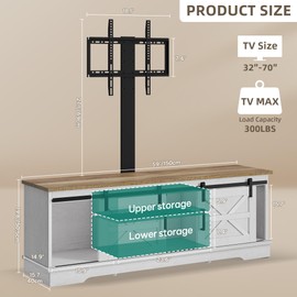 YITAHOME Farmhouse TV Stand with Mount, Television Stand Mount with 3 Height Adjustment for 32-70 inch TVs, Entertainment Center Media Console w/Sliding Barn Door for Living Room, Grey White/Grey Wash