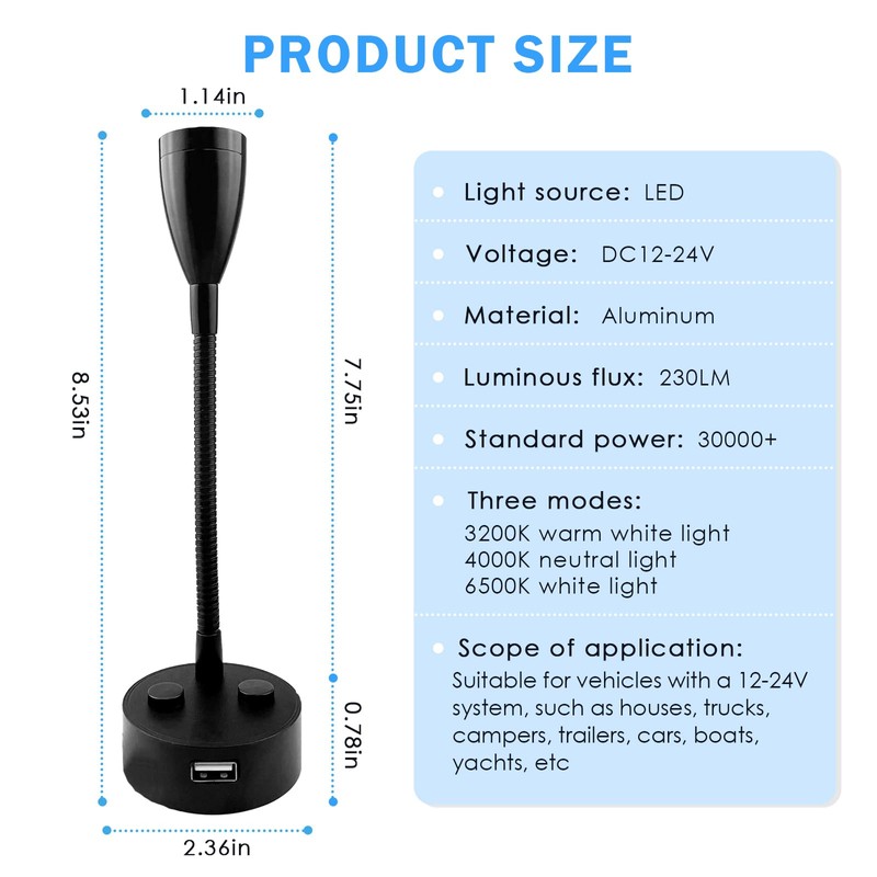 TZnpnor 2 Pack 12-24V RV LED Bedside Light USB Charging