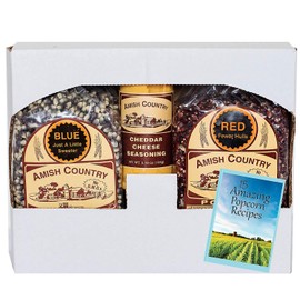 Amish Country Popcorn | 2 (2 Lb Bags) Red & Blue Kernels and Cheddar Cheese Seasoning Gift Set | Old Fashioned with Recipe Guide
