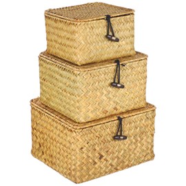 3 PCS Handwoven Natural Seagrass Storage Baskets, Wicker Baskets with Lids, Woven Rectangular Basket Bins, Multipurpose Storage Box for Home Organization, Stylish Gift Basket