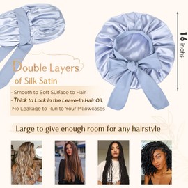 YANIBEST Silk Bonnet for Sleeping Women Satin Bonnet Double Layer Satin Lined Hair Bonnet with Tie Band Curly Hair Blue