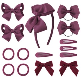 DRESHOW Girls School Hair Accessories Kit Burgundy Bow Hair Clips Headband Ribbon Bow Hair Barrettes Ponytail Holder for Little Girl Toddlers Teens Birthday Present