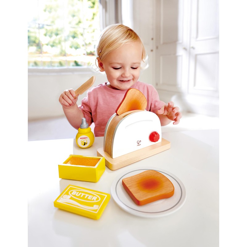 Hape White Wooden Pop-Up Toaster Set Pretend Play Breakfast Accessories