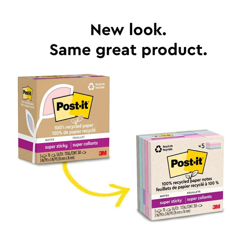 Post-it 100% Recycled Paper Super Sticky Notes, 3 in. x