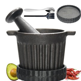 Aurionix Cast Iron Mortar and Pestle & Garlic Grater Plate Set, Guacamole Bowl and Masher with Bonus Brush/Spoon, Small Mortar and Pestle Set 3-in-1 Crushing Smasher for Kitchen Spices and Pesto