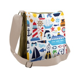 Lunarable Nautical Messenger Bag, Cartoon Marine Art Pattern, Unisex Cross-body