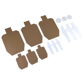 Generic USPSA Style Dry-Fire Targets in Reduced Scale - 3x 1/3rd & 1/6th Scale Targets, Poppers & Circles - Tan and White