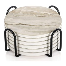 QYINXIU Drink Coasters with Holder, Absorbent Coaster Sets of 6, Marble Style Ceramic Drink Coaster for Tabletop Protection,Suitable for Kinds of Cups, Wooden Table, Cool Home Decor, 4 Inches (Beige)