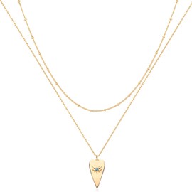 MEVECCO Layered Heart Evil Eye Necklace Handmade 18k Gold Plated Dainty Turquoise Layering Necklace for Women