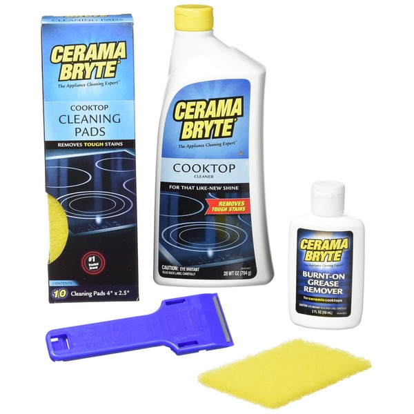 Cerama Bryte Best Value Kit: Ceramic Cooktop Cleaner 28oz, Scraper, 10 Pads, Burnt-on Grease Remover 2oz, 4 Piece Set