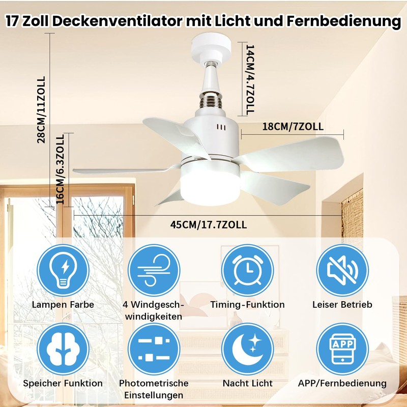 PKKP Ceiling Fan with Lighting, 72 W Adjustable 3 Speeds,