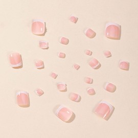Press on Toenails for Women Short Square Glossy French Tips White Fake Toe Nails Natural Pure Acrylic False Toe Nails Press on Summer Glossy Nude Pink Full Cover Glue on Toe Nails 24Pcs in 12 Sizes