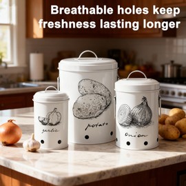 EQEY Kitchen Potato and Onion Storage Bin,Metal Vegetable Storage Bins Set of 3 with Aerating Holes and Lids,Farmhouse Canisters Sets for the Kitchen Countertop (1, Circular)