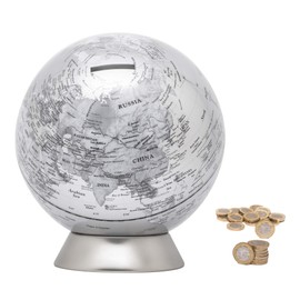 Exerz Money Box Globe/Piggy Bank, Diameter 16cm, Contemporary Metal-looking, Stainless Steel Base, Political Map, Educational, Decorative - Silver