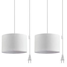 IHENGYANLT 2 Pack Plug in Pendant Light, Hanging Light with 15Ft Clear Cord, On/Off Switch, White Fabric Lamp Shade, Hanging Light Fixture for Bedroom, Kitchen, Living Room, Dining Table (White)
