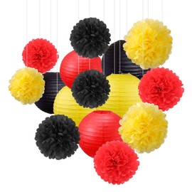 15Pcs Red Yellow Black Party Decoration Paper Lanterns Paper Pompoms Balls Hanging Decoration Backdrop for Baby Shower Birthday Party Decor Wedding Bridal Shower Centerpieces Home Decor Graduation