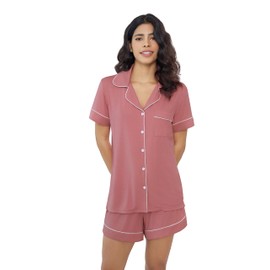Joyaria Womens Short Sleeve Cool Pajamas Set Bamboo Viscose Pjs Shorts Set for Summer(Old Rose,S)