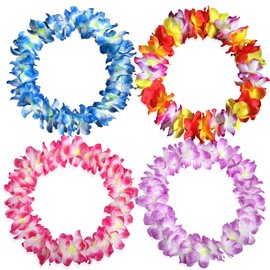 4Pcs Thicken 41 Inch Hawaiian Leis Dance Garland Artificial Flowers Necklace Headband for Tropical Summer Beach Party Favor, DIY Luau Decor, Photo Prop Outdoors（4 Colors）