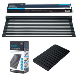 Combo Pack - Premium Multipurpose Black Silicone Extra Large 21 Inch Rolling Sink Rack and Drying Mat. Multipurpose Kitchen Accessory and Trivet