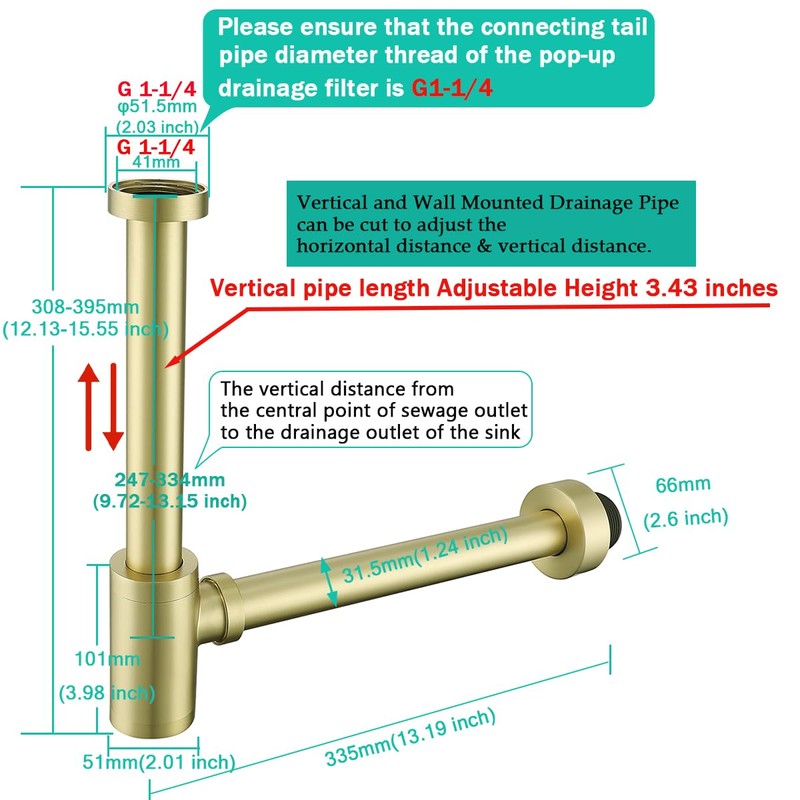 SEABEFORE Brass Round Bottle P-Trap 1 1/4, Adjustable Basin Sink
