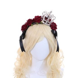 C-104-1 Silver Crown with Roses Red Lace Bow Ruffle Gothic Lolita Headband Party Celebration Hair Accessories Head Accessory