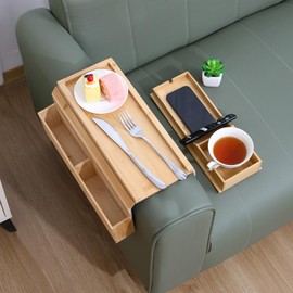 Liopus Bamboo Couch Armrest Table, Foldable Sofa Arm Tray with Detachable Cup Holder, Anti-Slip Couch Arm Table for Drinks, Phone, Snacks, Remote, Portable 2 in 1 Sofa Armrest Tray