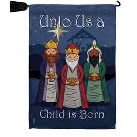 Child is Born Garden Flag Set Mailbox Hanger Wintertime Three Kings Wise Men Star Baby JesusSeason Christian Small Decorative Gift Yard House Banner Made In USA 13 X 18.5