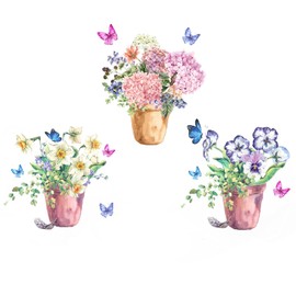 Maydahui Colorful Butterfly Flower Pots Wall Decals (40x16 Inch) Watercolor Floral Bonsai Garden Flower Wall Stickers for Kitchen Living Room Kids Bedroom Porch Background