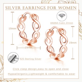 Cangall 925 Sterling Silver Hoop Earrings for Women Lightweight Chunky Rose Gold Earrings for Girls Twisted Huggie Hoop Earrings with Zircon Hypoallergenic Small CZ Infinity Rose Gold Hoops Earrings