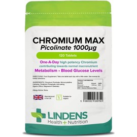Lindens Chromium Max 1000mcg Picolinate - 120 Tablets | Detox, Metabolism, Blood Glucose, | Mega Potency (2500% NRV) | 4 Months Supply, UK Manufacturer, Letterbox Friendly, Vegan