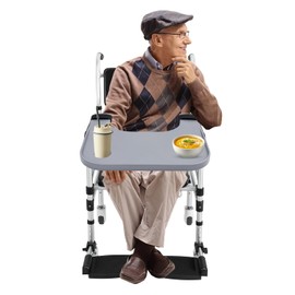 Wheelchair Tray Table with Cup Holders - ABS Wheelchair Accessories for Elderly 110lbs Capacity Adjustable Mount Spill Proof Edge Wheelchair Table Tray for Care Home Rehab