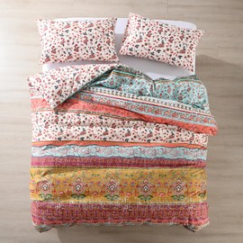 HORIMOTE HOME Bohemian Floral Duvet Cover Double Size Boho Quilt Cover Vintage Style Stripe Bedding Set with 2 Pillowcases 200 x 200 cm