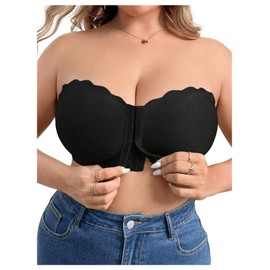 OYOANGLE Women's Plus Size Front Closure Push Up Strapless Bandeau Bra Wireless Tube Bralettes with Clear Strap Black 3X-Large Plus
