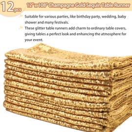 12 Packs Sequin Table Runner Champagne Gold 12 X 108 Inch Glitter Dining Table Runner for Birthday Wedding Engagement Bridal Baby Shower Bachelorette Holiday Celebration Party Supplies Decorations
