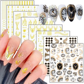 Gold Nail Art Stickers, Wave Line Chains Flame Stars Flowers Leaf Clocks Watches Nail Self-Adhesive Sticker Designs, 3D Gold Nail Transfer Decals for Women Manicure Charms Decorations Nail Art Tips