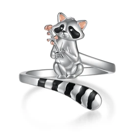 qielizhu Raccoon Ring 925 Sterling Silver Racoon Open Rings Adjustable Cute Animal Racoon Gifts for Women