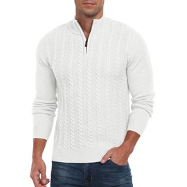 Hisir Mens Quarter Zip Jumper Cable Knit Crew-Neck Sweater Long Sleeve Jumpers Causal Pullover Winter for Men (White, M)