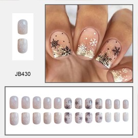 Christmas Gold French Tip Press on Nails Short Square Fake Nails with Gold Glitter Designs Black White Snowflake False Nails Coffin Glue on Nails Winter Artificial Stick on Nails for Women Girls 24Pcs