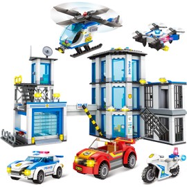 City Police Command Center Station 3-story Building Kit with Cop Car, Jail Cell, Watchtower, Garage, and Helicopter, Creative Building Block Toy and Birthday Gift for Boys Aged 6-12 (879 Pieces)