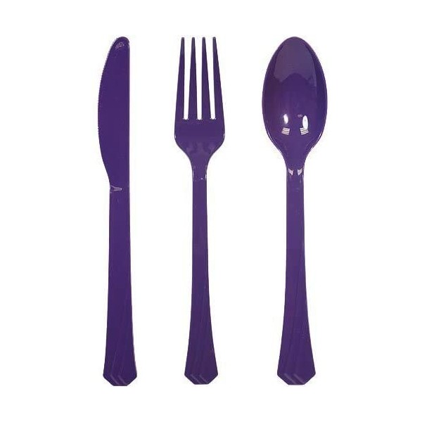 Tiger Chef Plastic Cutlery Set Heavy Duty Colored Plastic Silverware - Includes 192 Forks, 192 Teaspoons, and 192 Knives (Purple, 576)