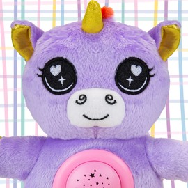 VFM - Unicorn Plush Projector Night Light 9" - Super Soft Purple Fluffy Fabric Toy With Embroidered Details - Create A Starry Sky For Sleeping Children