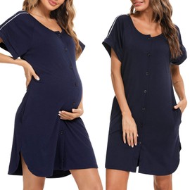 iClosam Women's Cotton Maternity Nursing Nightdress Short Sleeve Maternity Nightdress Breastfeeding with Buttons Maternity Dress with Crew Neck for Nursing Women S-XXL, Style A: Dark Blue