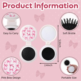 Meanplan 12 Pcs Pink Bow Mini Hair Brushes Folding Mirror Coquette Detangler Brush for Purse Portable Makeup Pocket Hairbrush for Girls Women Travel Party Favors Team Gifts